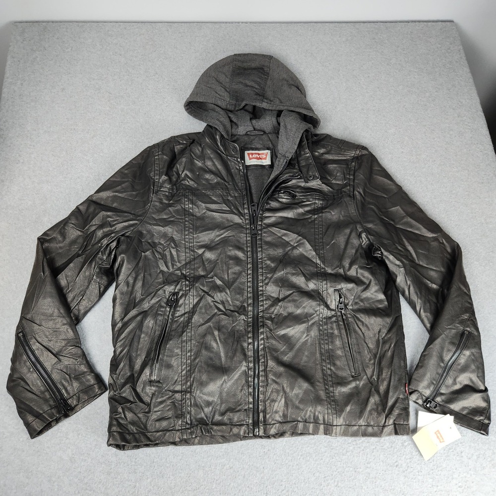 Levi's Biker Jacket Mens XL Black Long Sleeve Y2K Hooded Full Zip Outerwear